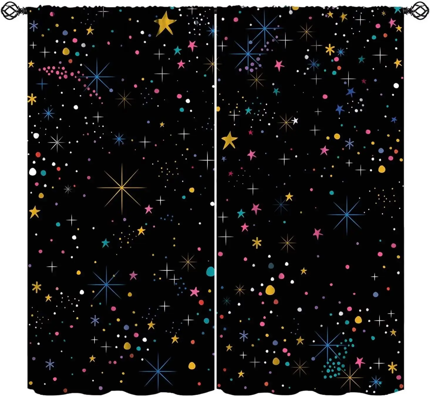 Cartoon Star Kids Curtains, Outer Space Galaxy Glitter Print Colorful Universe Starry Stars Window Treatments for Boys Bedroom