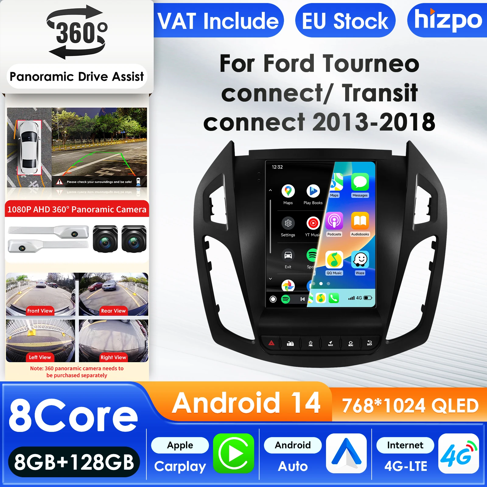 Hizpo Car Radio for Ford Transit Connect 2013 - 2018 CarPlay Android Auto Multimedia GPS Bluetooth WIFI FM RDS Autoradio AI 9.7 Inch for Tesla Style Intelligent Screen QLED Display Automotive Head