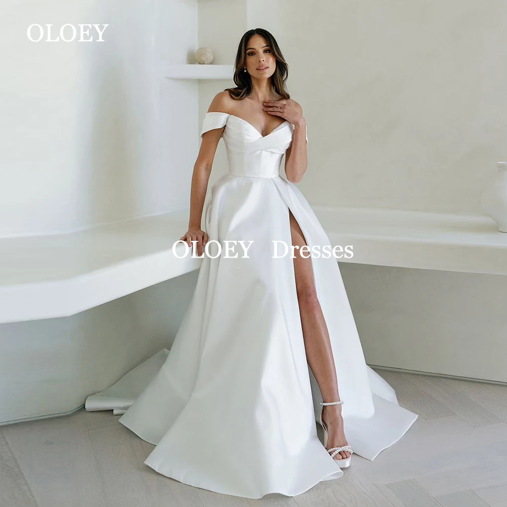 

OLOEY Elegant Sweetheart Wedding Dresses Off Shoulder Pleats Bride Gowns Floor Length Side Slit Pleats Satin Customized