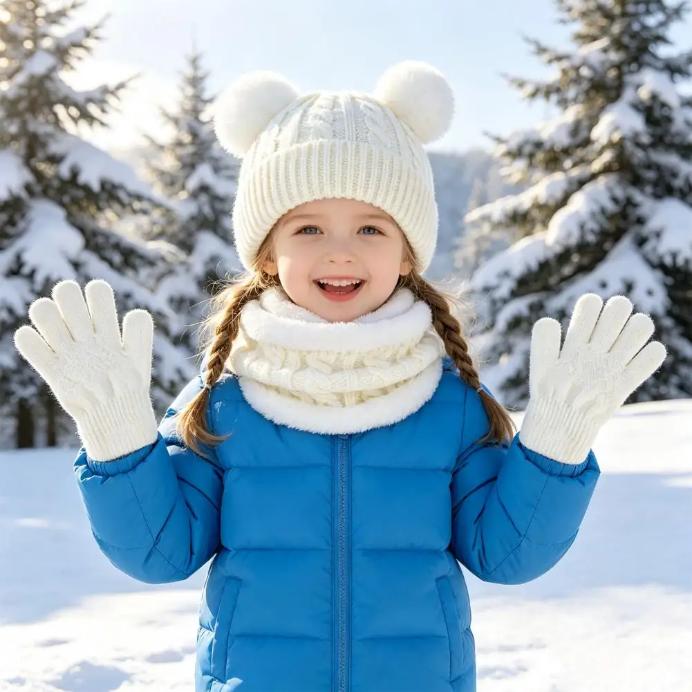 Kids Weather 3 Piece Set Kids Winter Knit Set with Bear Ear Hat Fleece Lined Neck Gaiter Full Finger Gloves for Boys for Babies