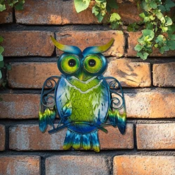 Metal Owl Wall Decor - Outdoor Wall Art - Glass Hanging Garden Owl Decor for Patio, Porch or Door, Owl Gifts