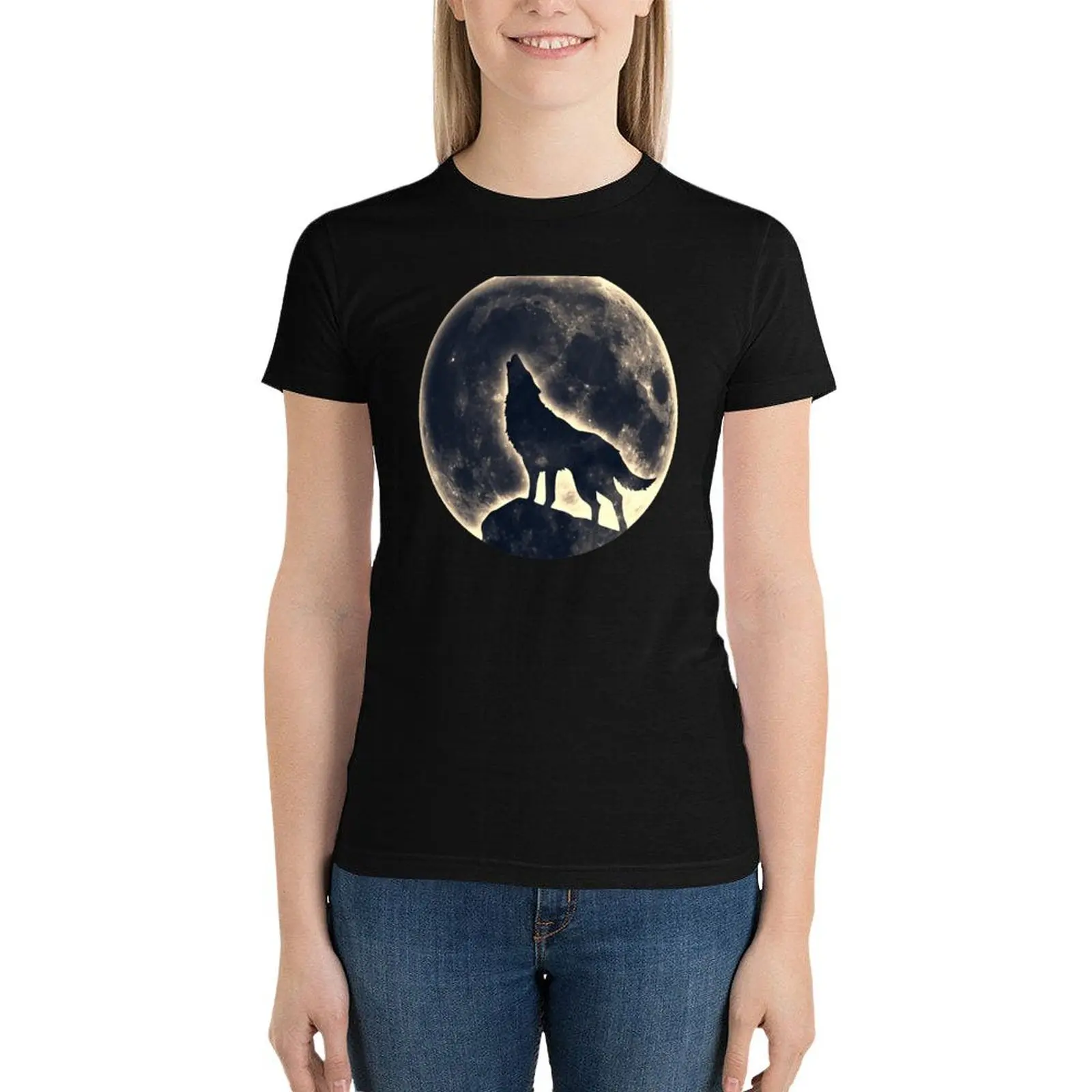 

Wolf, moon, fantasy, wild, dog, wolves T-Shirt female Aesthetic clothing kawaii clothes t shirt Women