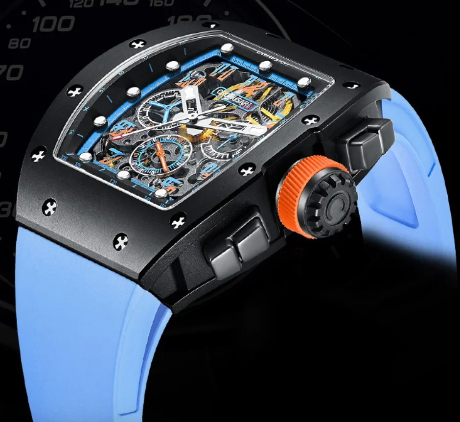 CRONUSART メンズ自動腕時計クロノグラフトノーカーボンスチールケース自動巻き機械式腕時計中空ダイヤル