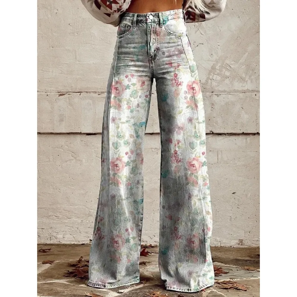 Damen Boho Blumenmuster High-Waist Weite Hose Retro Y2K Western Lässige Loose-Fit Hose mit Taschen Sexy Mädchenhafte Streetwear – Detail 18