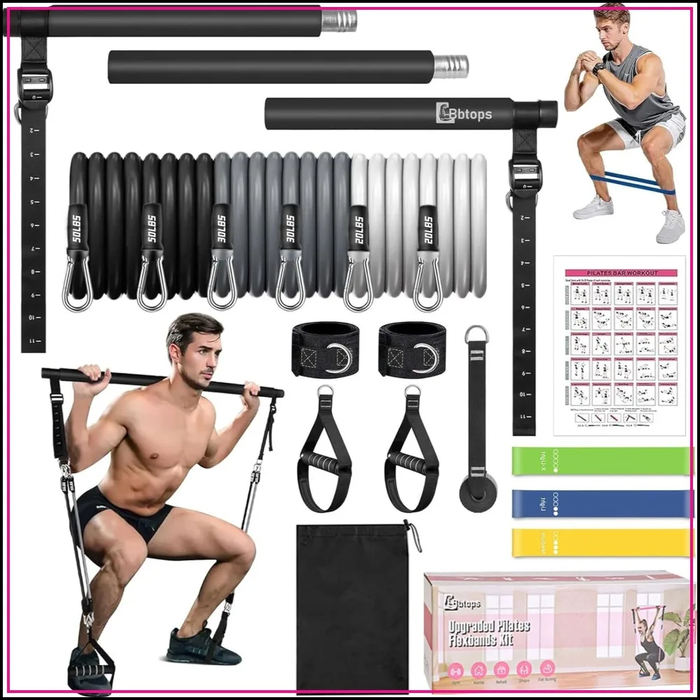 Pilates Bar Kit with Stackable Resistance Bands for Full Body Workout, Home Gym Exercise Equipment for Women & Men