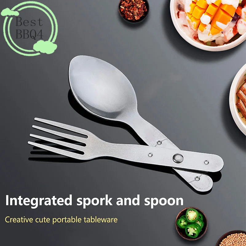 (BBQ4)2-in-1 Fork Dessert Spoon Cutlery Set For Outdoor Camping And Picnics Portable Durable Stainless Steel Mini Fork Spoon