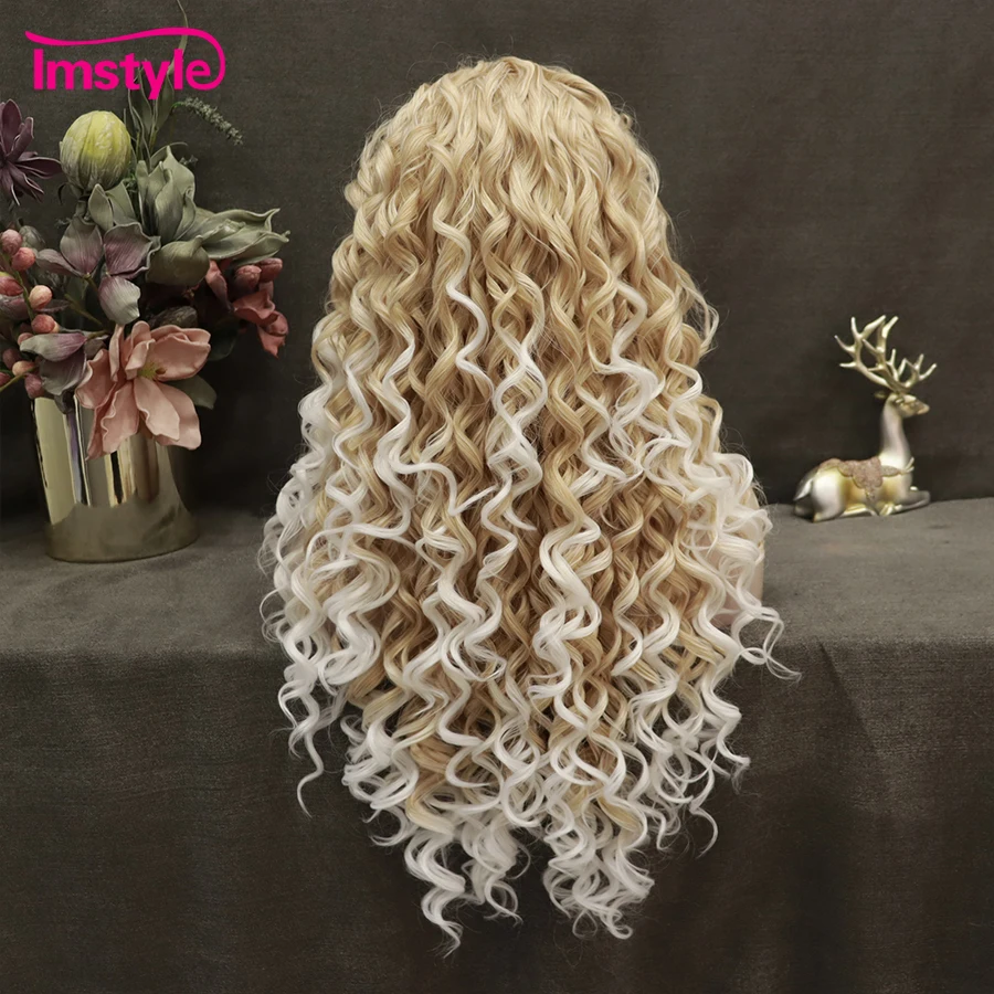 Imstyle Ombre Blonde Wig Curly Synthetic Lace Front Wig Long Wigs Heat Resistant Fiber Two Tone Drag Queen Wig