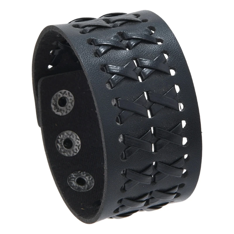 652F Unique Woven Leather Wide Cuff Bracelet Alloy Snaps Sturdy And Comfortable
