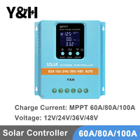 Y&H MPPT Solar Charger Controller 60A 80A 100A Selectable with LCD Display Dual USB Output for Solar Panel Intelligent Regulator