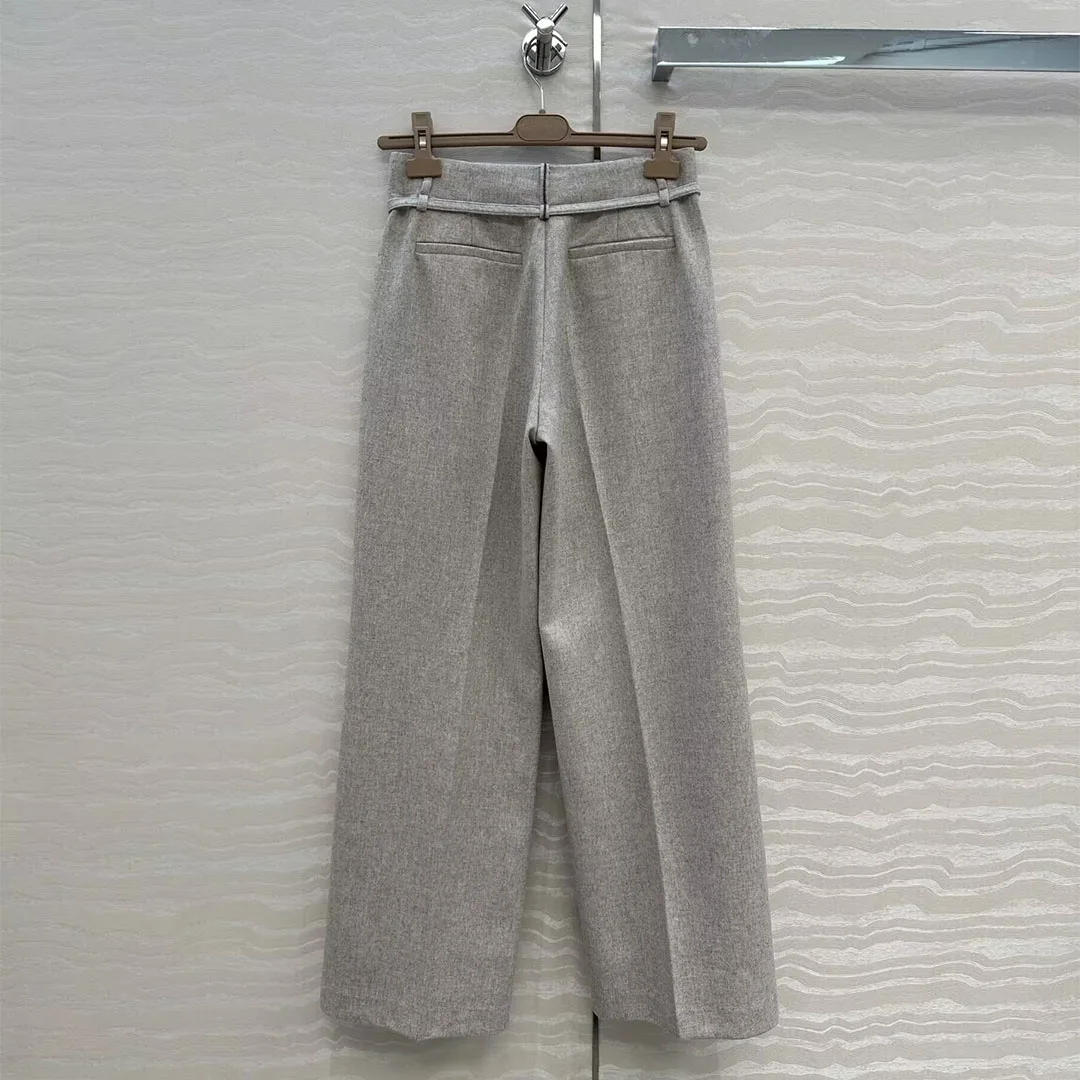 2025 New Fashion Autumn Elegant Fashion Woolen Suit Pants Women High Waist Belt Pleated Loose Casual Trousers