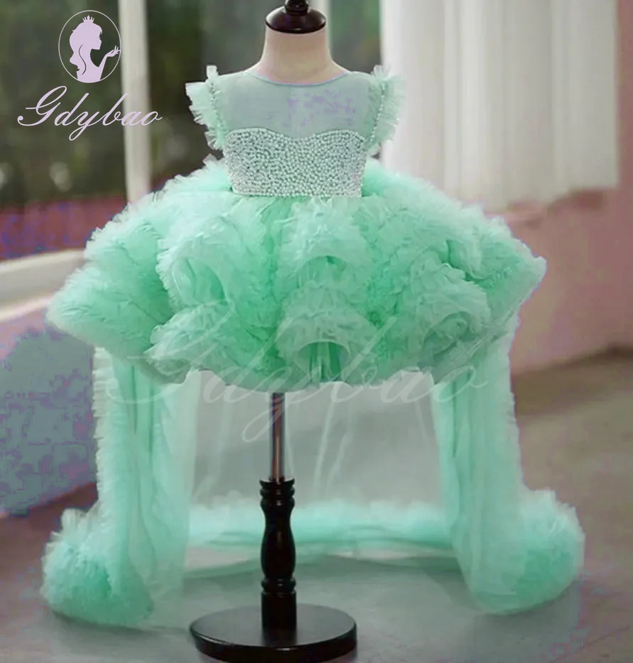 Blue Pearls Flower Girl Dress For Wedding Tulle Puffy Sleeveless Baby Kids Birthday Dress Elegant First Communion Princess Gowns