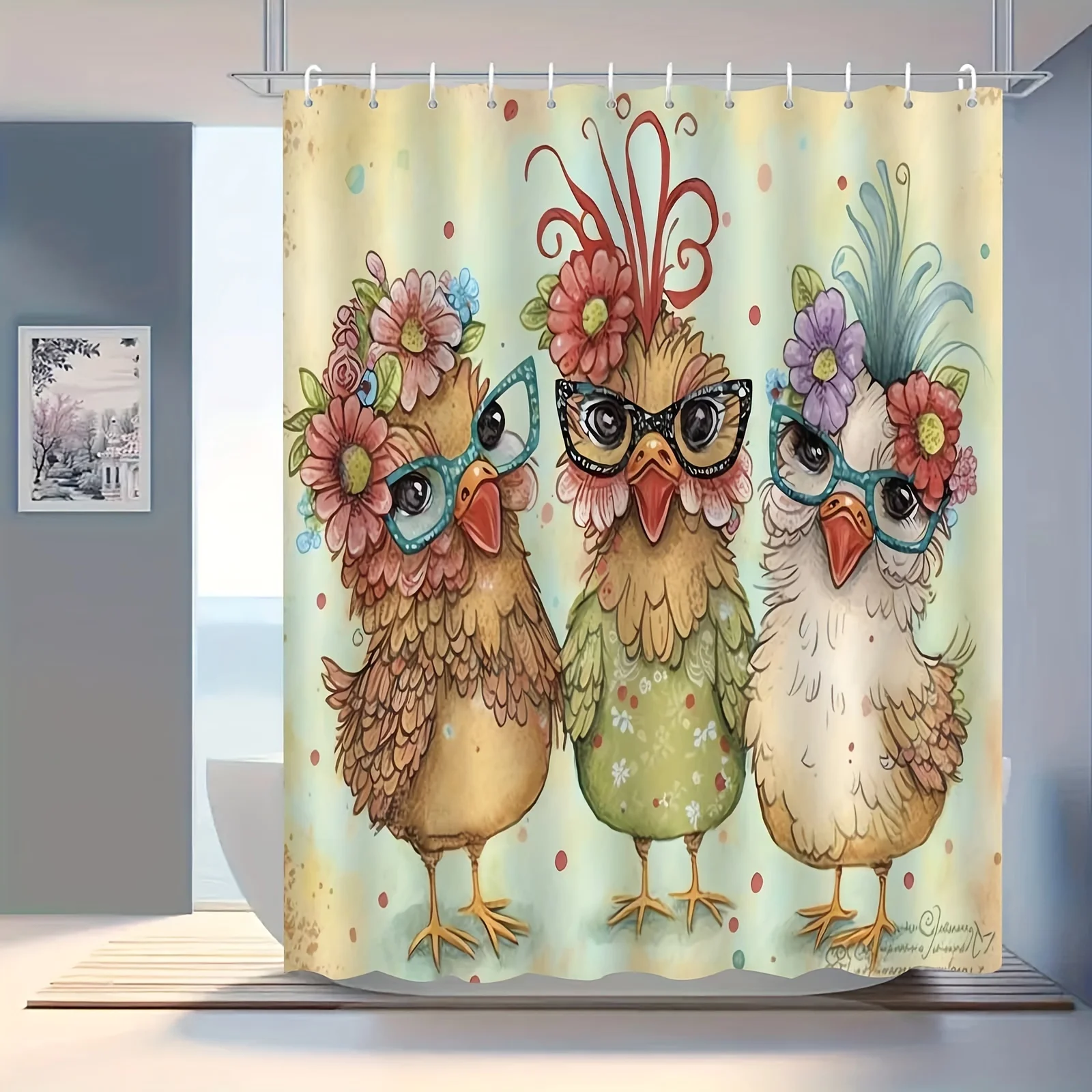 JIT1pcs Cute Cartoon Hand Drawn Three Chicks Flower Shower Curtain, High End Elegant Bathroom Curtain, Bathroom Decoration Patte
