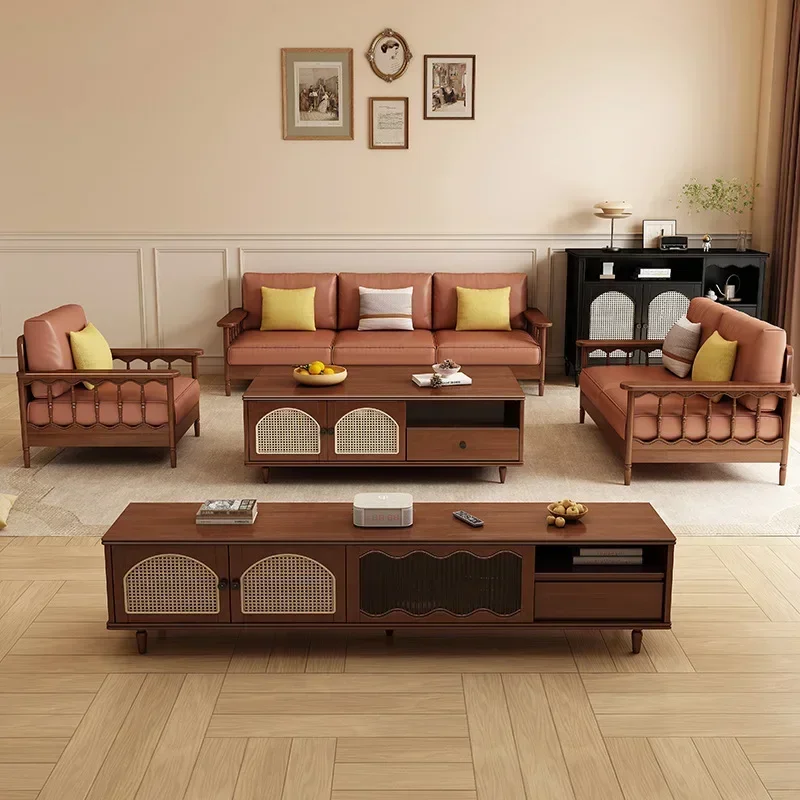 Medieval solid wood sofa, modern simpl e living room ch air household sm all apartment straight row fabric s ofa