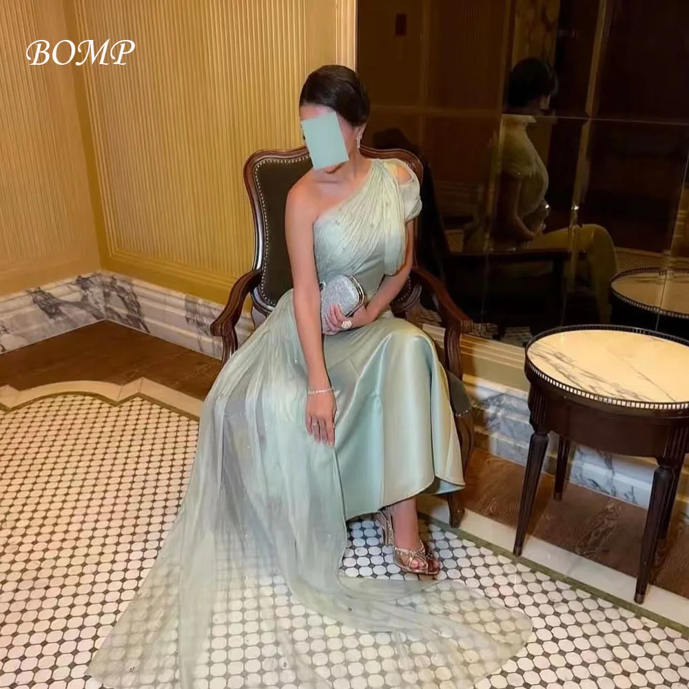 

BOMP Exquisite Beads Evening Gown One Shoulder Pleat Mermaid Floor Length Green Satin Formal Occasion Party Dress Customized