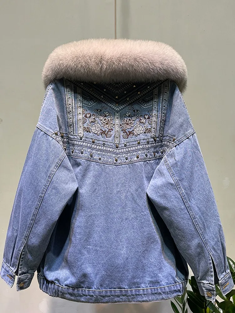 الشتاء النساء الدافئة فضفاضة تناسب أسفل الدنيم سترة الثعلب الفراء طوق واحدة الصدر ملابس خارجية معاطف سميكة مطبوعة سيدة الموضة معطف #6