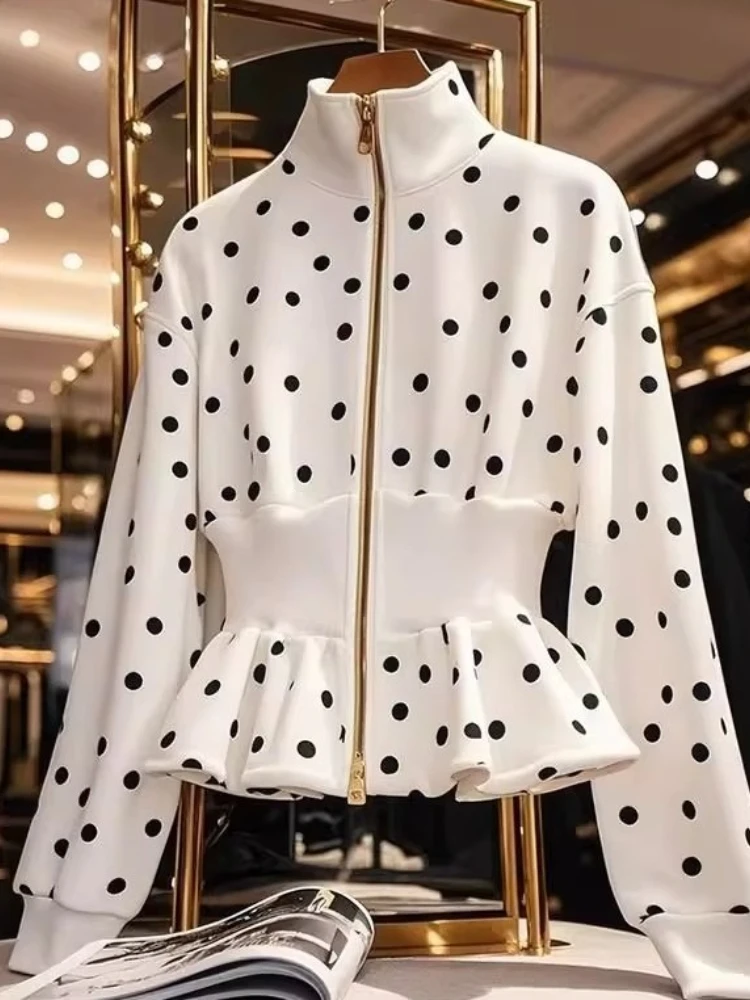 

Super Beautiful Top Jacket Unique High-Quality Sense Niche Does Collide Solid Color Standing Collar Slim Polka Dot Coat New 2025