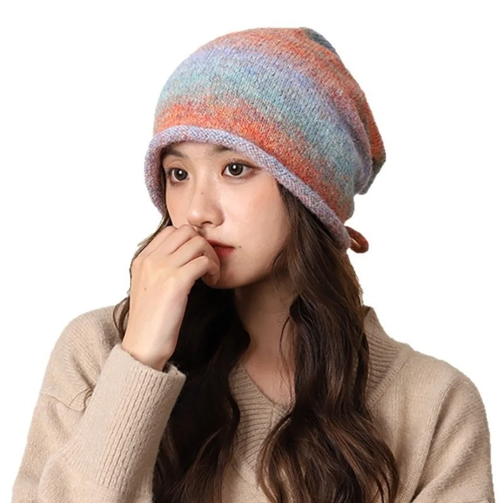 Gradient Color Knitted Stacked Hat Loose Elastic Drawstring Beanies Hat Rolled Brim Streetwear Y2K Pullover Cap Autumn Winter