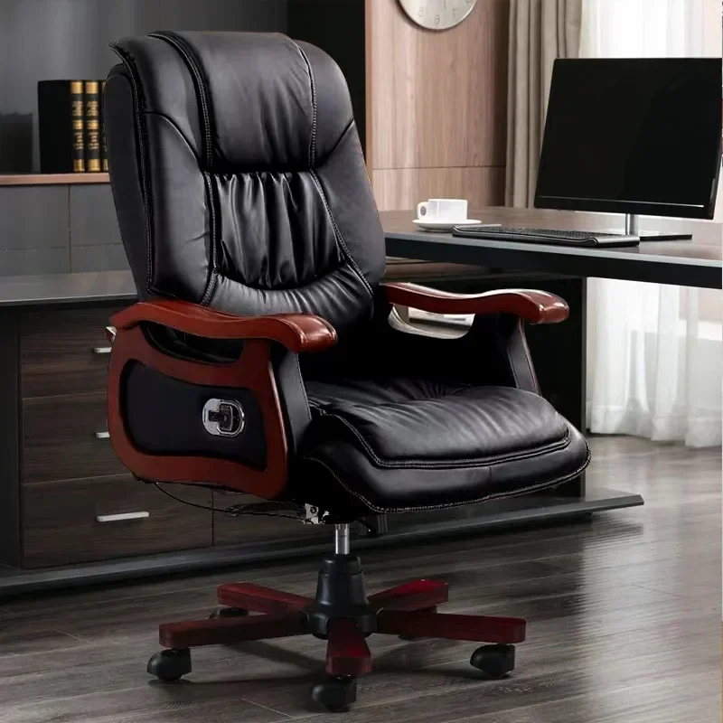 Silla de oficina cómoda Boss, reposabrazos de cuero de 4 ruedas, sillón reclinable moderno de madera maciza, muebles ajustables para el hogar