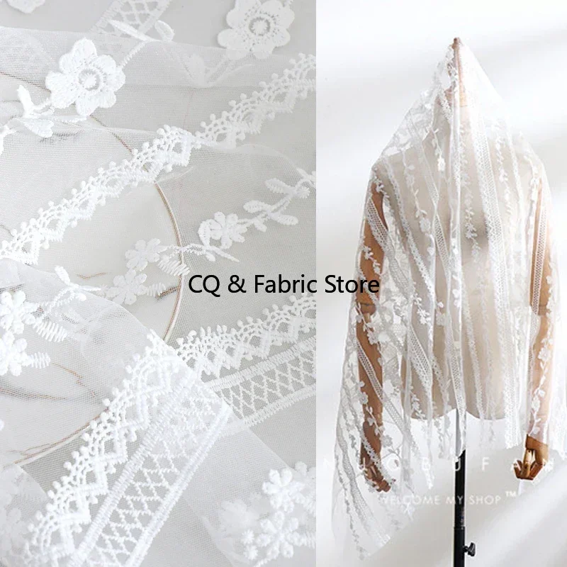 

3D flower embroidery lace fabric soft Mesh fabric white lace dress clothing wedding dress fabric handmade DIY cloth
