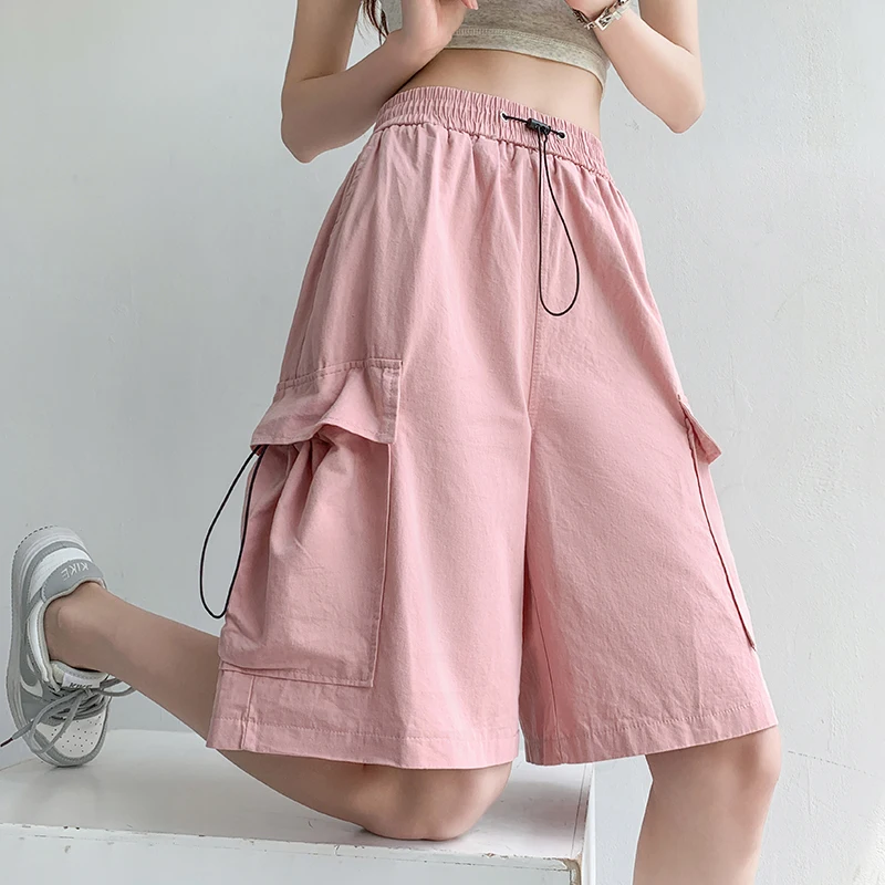 

Pink Drawstring High Waist Cargo Shorts Women 2023 Summer Casual Loose Big Pockets Shorts Street Style Chic Female Shorts