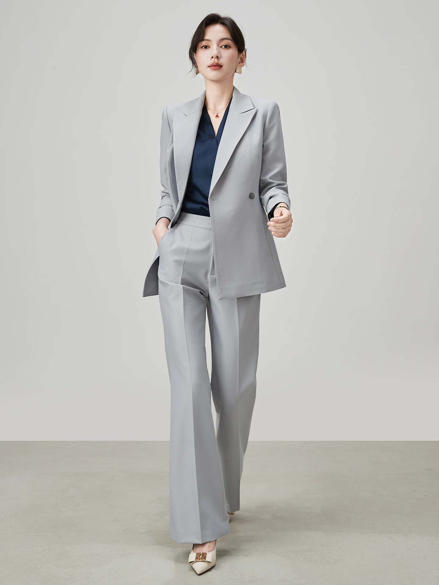 

Profional Asymmetric Slim Fit Blue ey Suit Set for Women Busin Formal Wear Commute Sle Pure Color Polyester Fiber