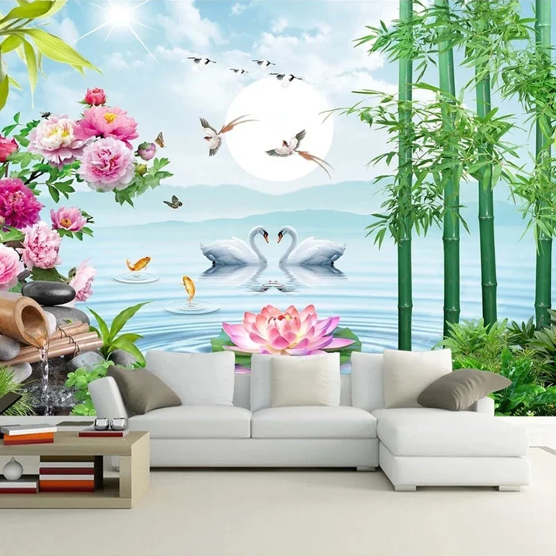 Custom 3D Photo Wallpaper Moon Swan Bamboo Forest Flowers Birds Art Wall Painting Study Bedroom Living Room TV Background Mural