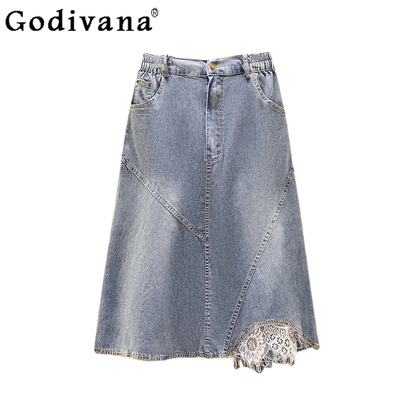 

2XL-6XL Large Size Retro Blue A-line High Waist Lace Splicing Skirt Girls Elastic Waist Summer Age Reduction Versatile Skirts