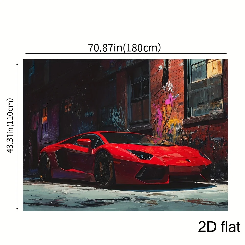 Red Sports Car Graffiti Alley Tapestry 2D Flat Supercar Urban Wall Hanging for Garage Man Cave Bedroom Auto Art Fabric Poster