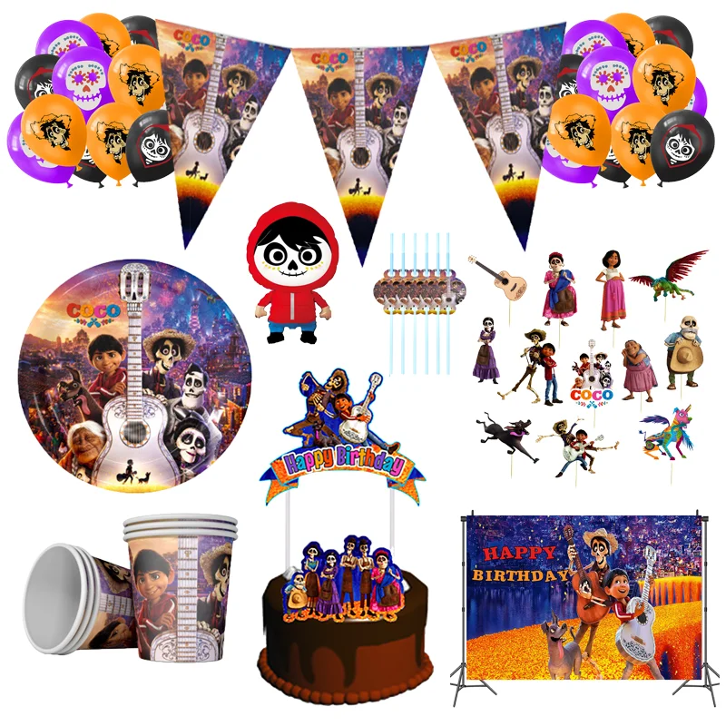 Decoración de fiesta de cumpleaños con tema de Coco de Disney, vajilla desechable, platos de papel, vasos, mantel para niños, suministros de baño para bebé