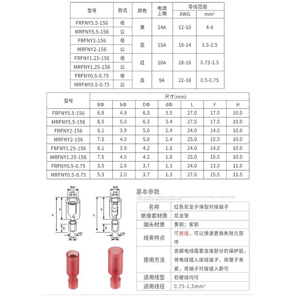 MRFNY FRFNY 1.25-156 RedCold-pressed Terminal Connectors and Splices For 0.5-1.5mm2 , 22-16 AWG Wire 19A