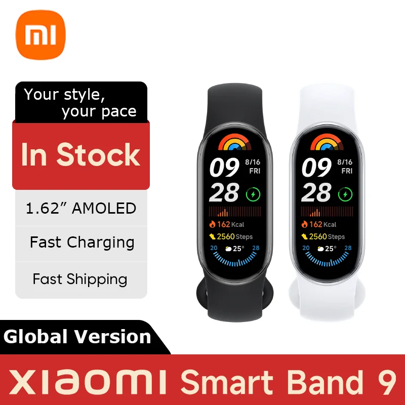 

Global Version Xiaomi Smart Band 9 1.62'' AMOLED display SpO₂ monitoring 21-day battery life 150+ sports modes Smartband