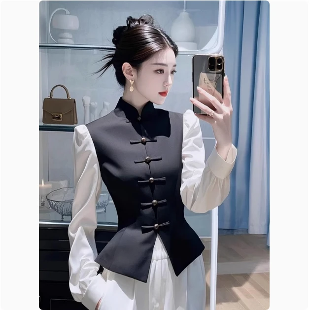 

New Chinese Sle Bla Color Blo Women's irt Waist Cinched Tang Costume Retro Button up Spring 2025 Early Faion