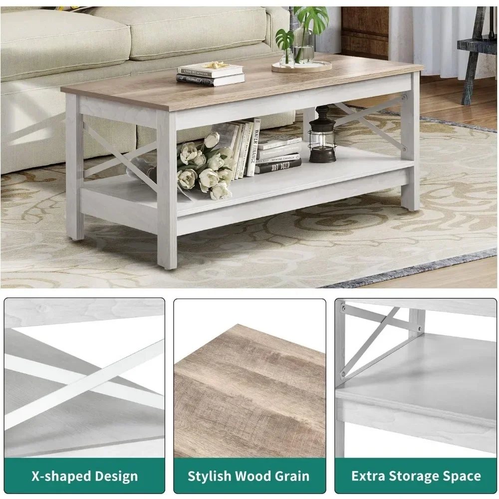 XMSJ-Modern Farmhouse Coffee Table com Armazenamento, 2 Piso Mesa de Madeira Sala, Frame resistente