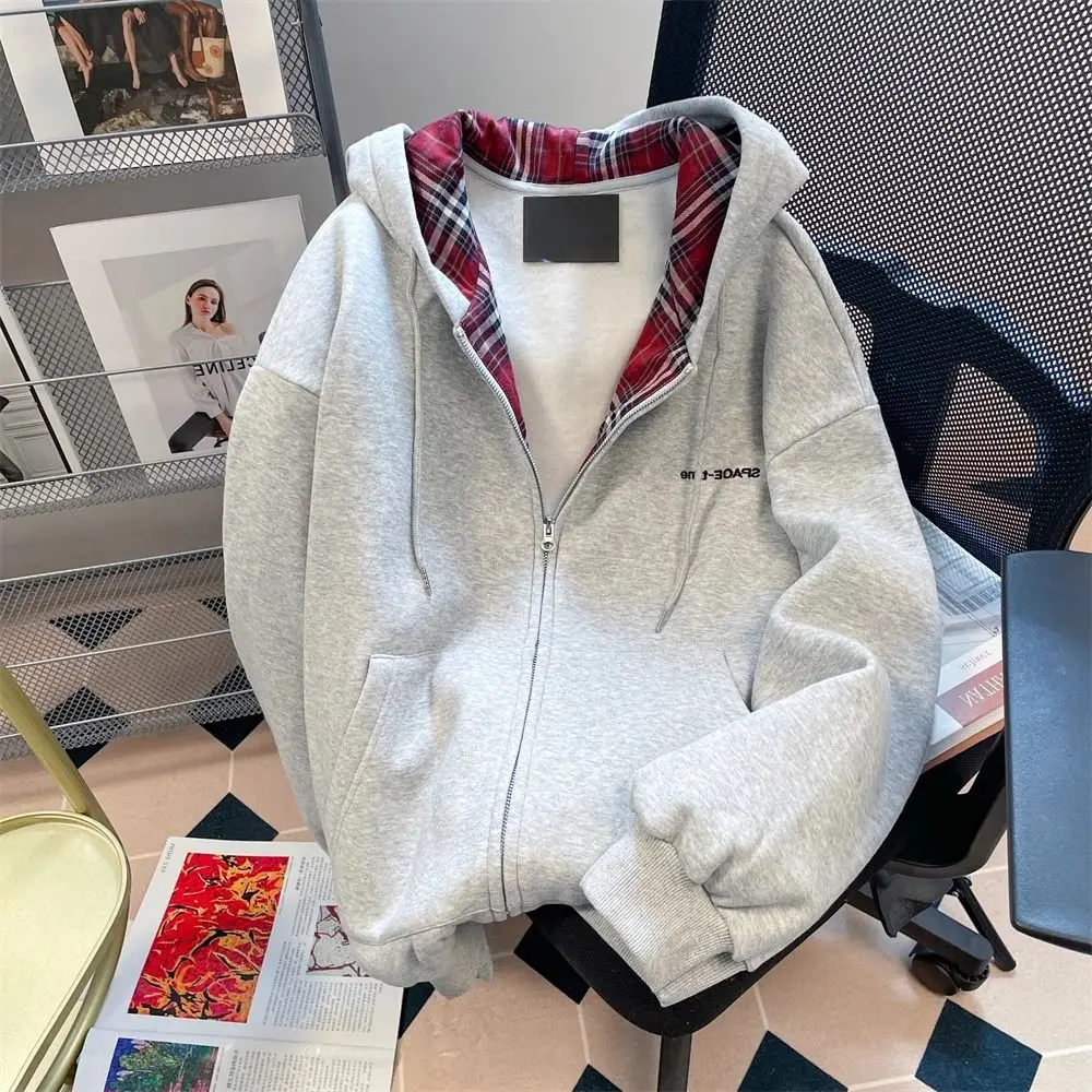 Zip Up Coat Women Autumn Red Lattice Stitching Autumn Winter Loose Plus Velvet Hooded Jackets Streetwear Ladies Hooded Jacket