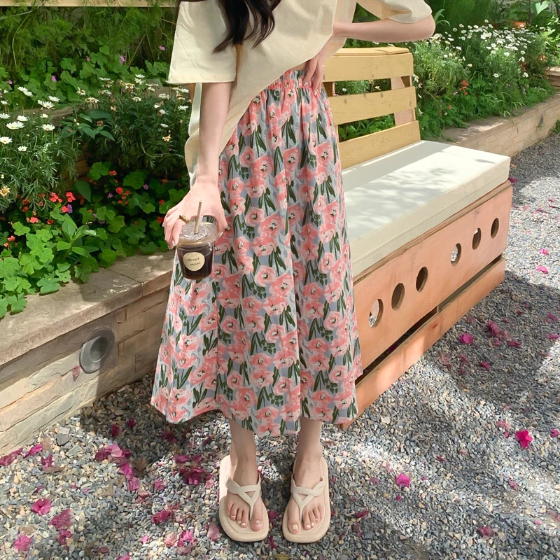 Women Fashion Floral Print Elastic High Waist Chic Beach Midi Skirt 2024 Summer Vacation Female Casual Sweet Loose A-line Skirts