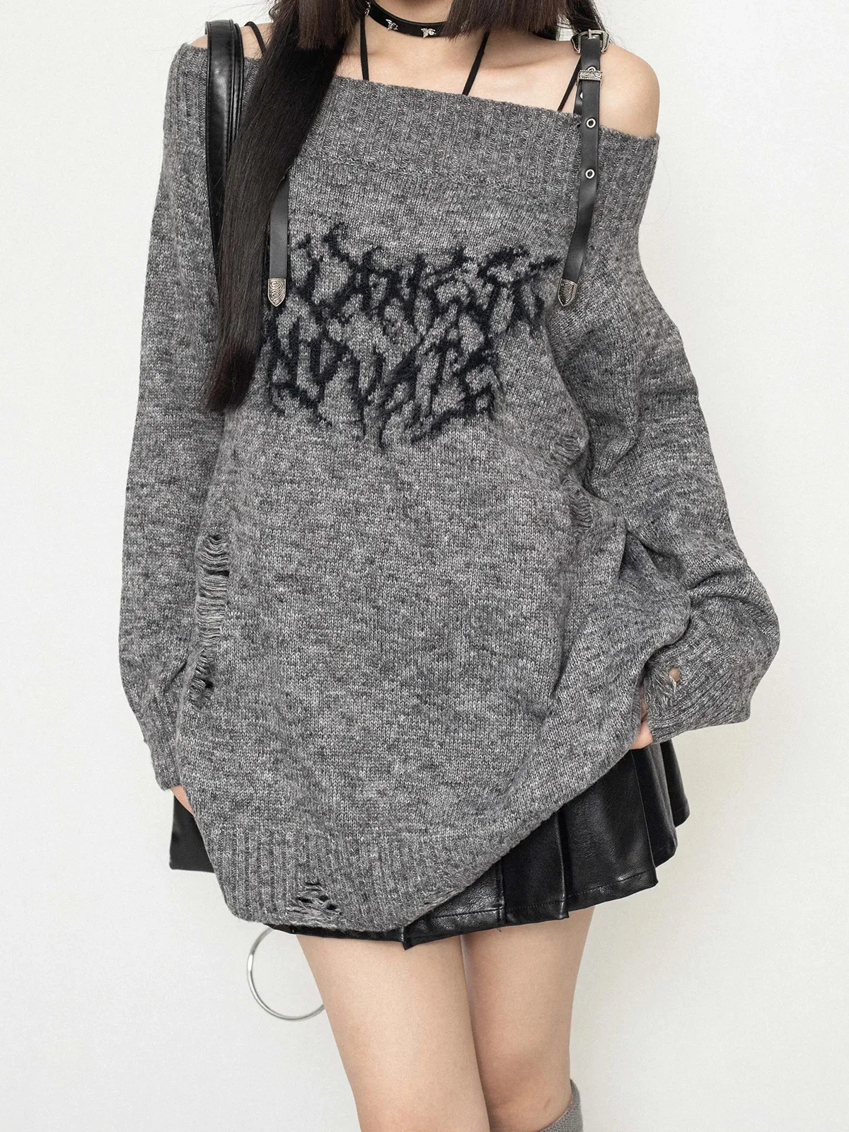 QWEEK Harajuku Fashion Black Knitted Sweater Women Y2k Goth Off Shoulder Knitwears American Vintage Pullover Long Sleeve Tops