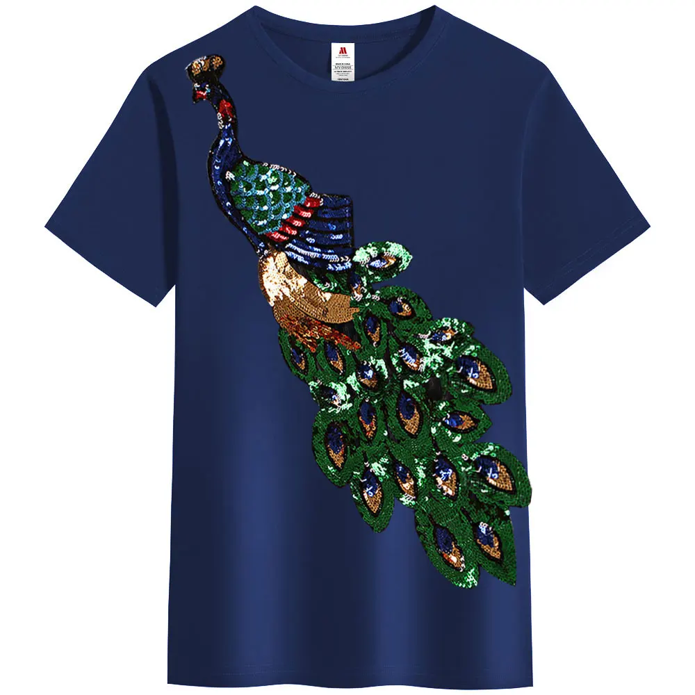 2024 Summer Elegant T-shirt Men\'s Peacock Sequined Sequins T shirts Men Fashion New Cotton Tops Tee Shirt Male Sakura Clothes