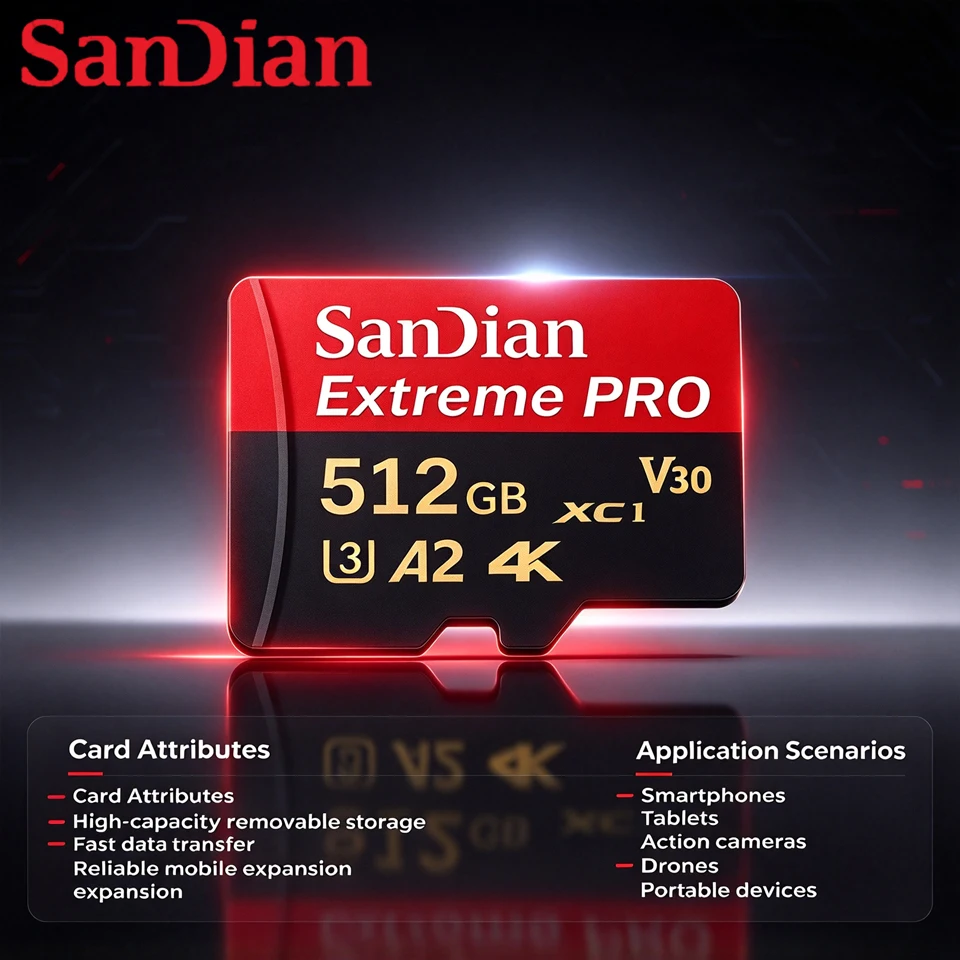 بطاقة ذاكرة Micro SD فائقة الأداء V30 بدقة 4K عالية الوضوح، من الفئة U3، مصممة لكاميرات الحركة - بطاقة تخزين للملفات، متوفرة بسعات 32 جيجابايت، 64 جيجابايت، 128 جيجابايت، 256 جيجابايت، 512 جيجابايت.