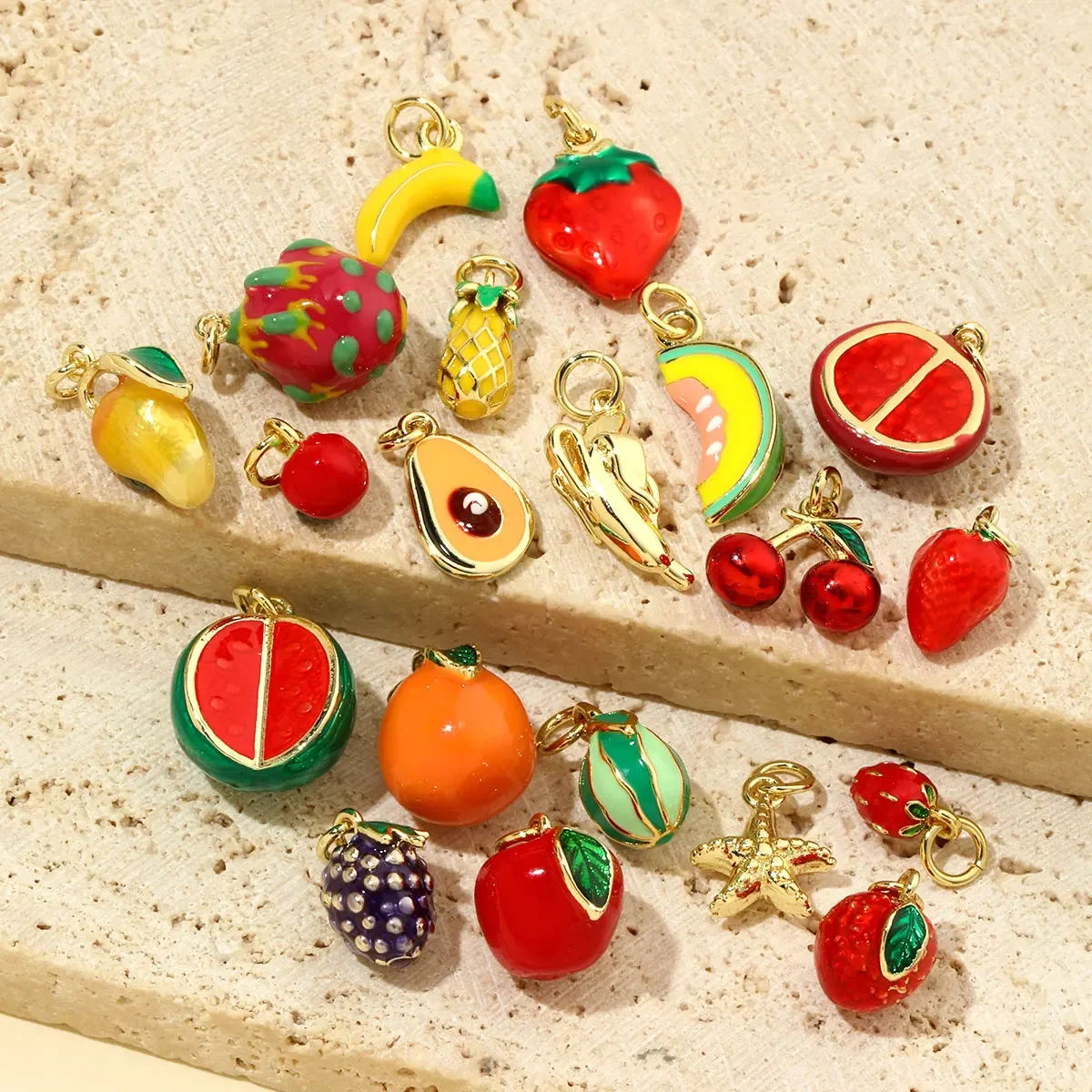 3pcs/Lot 18k Gold Plated Enamel Cherry Apple DIY Charms Women   Fruit Watermelon Grape Necklace Pendants Lemon Stawberry Jewelry