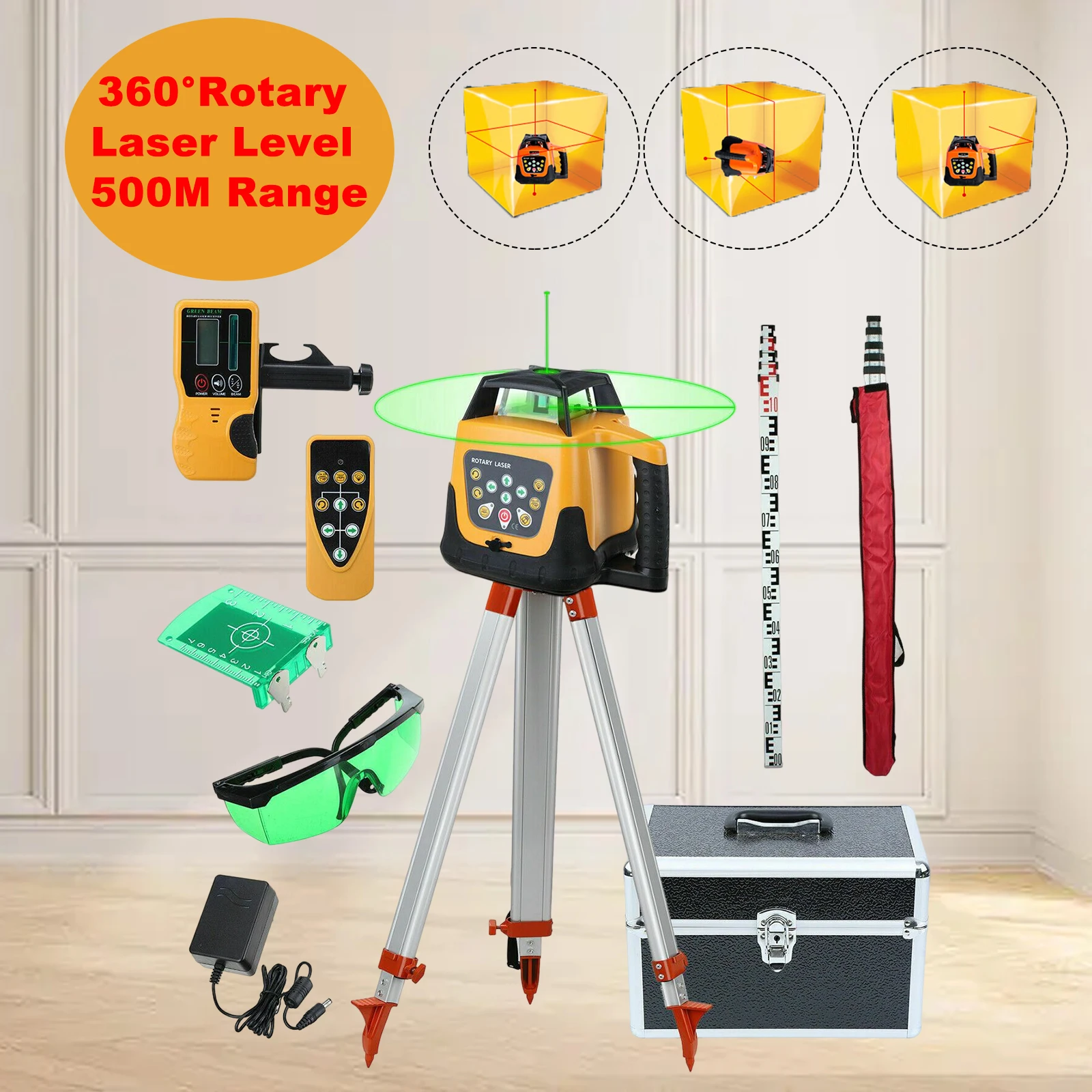 Samger 360 Rotary Laser Level 500M Range Green/Red Beam Self-Leveling Vertical Horizontal Cross Line Measurement Tools+Tripod