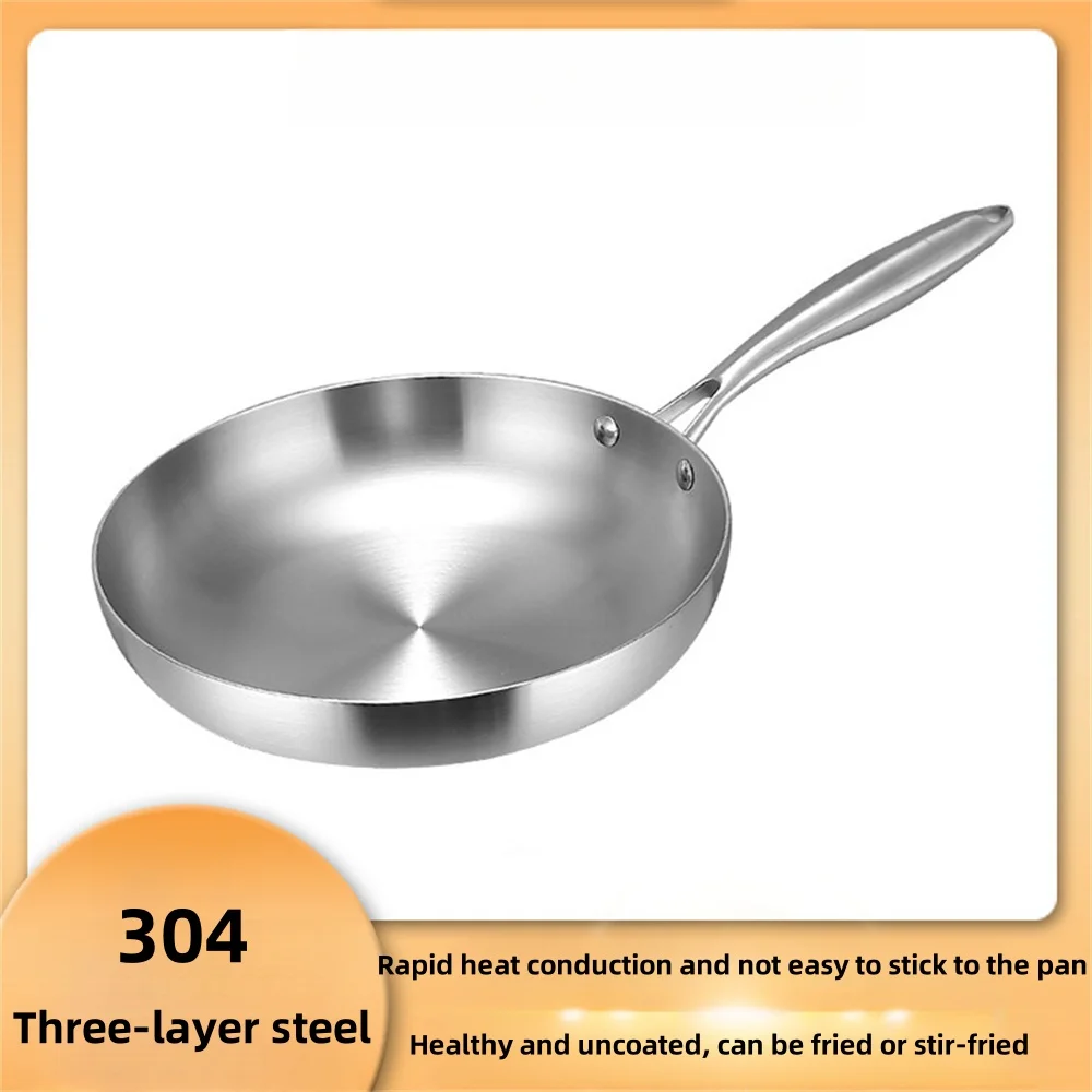 22/24/26 CM Frying Pan 304 Stainless Steel 2MM Thick Wok Pan 3 Ply Steel Skillet,Professional Grade Pans for Cooking Cooking Pot