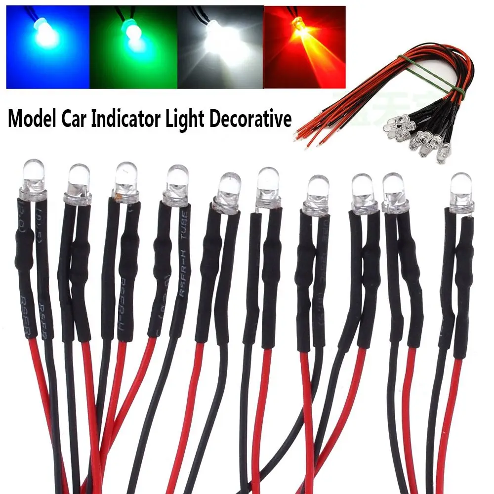 10 pçs 3mm 12v luz led vermelho branco amarelo para 1/10 rc rastreador 1/14 tamiya rc caminhão deriva carro caminhão brinquedos scx10 scania g63