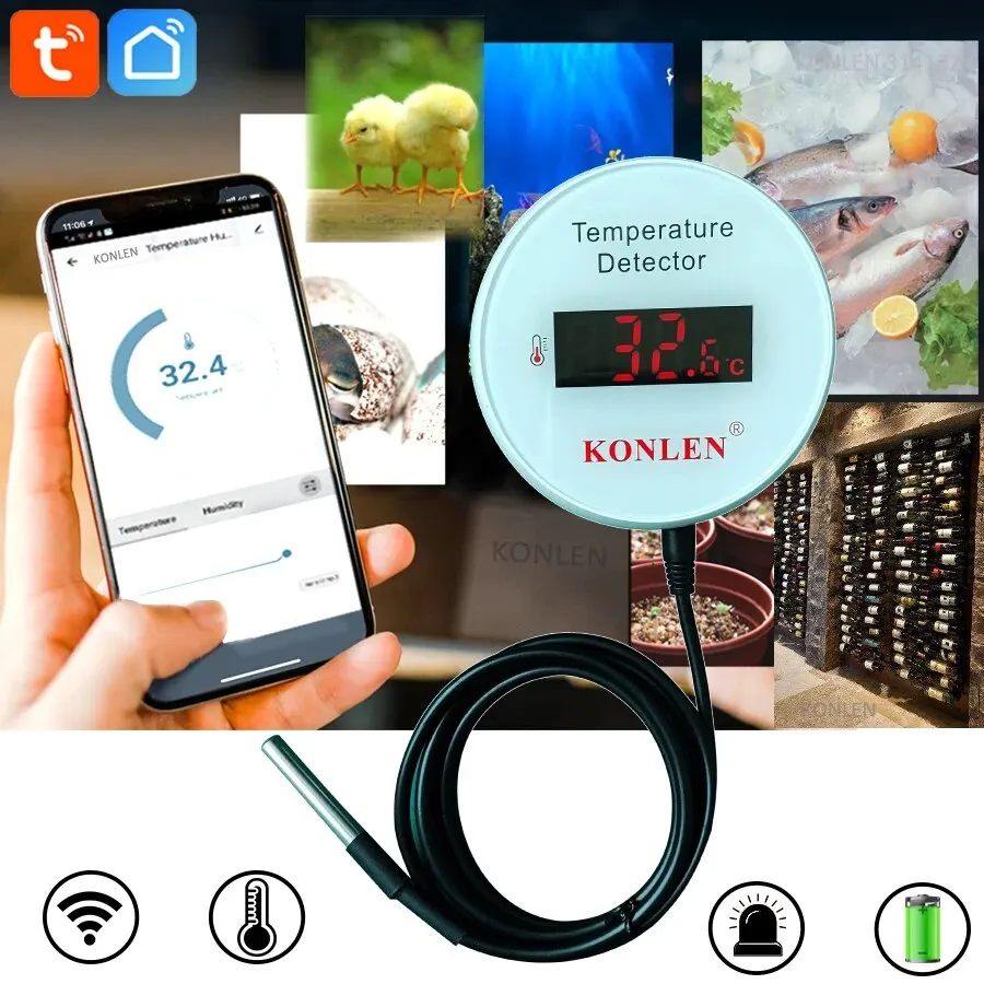 KONLEN Tuya Wifi Temperature Sensor 3m Probe Wire Digital Thermometer Smart Life Home Water Pool Freezer Thermostat Remote Alarm