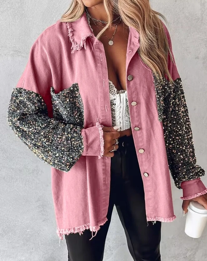 Donna moda contrasto paillettes orlo grezzo Shacket abbigliamento Casual da donna nuovo autunno Colorblock femminile manica lunga cappotto allentato