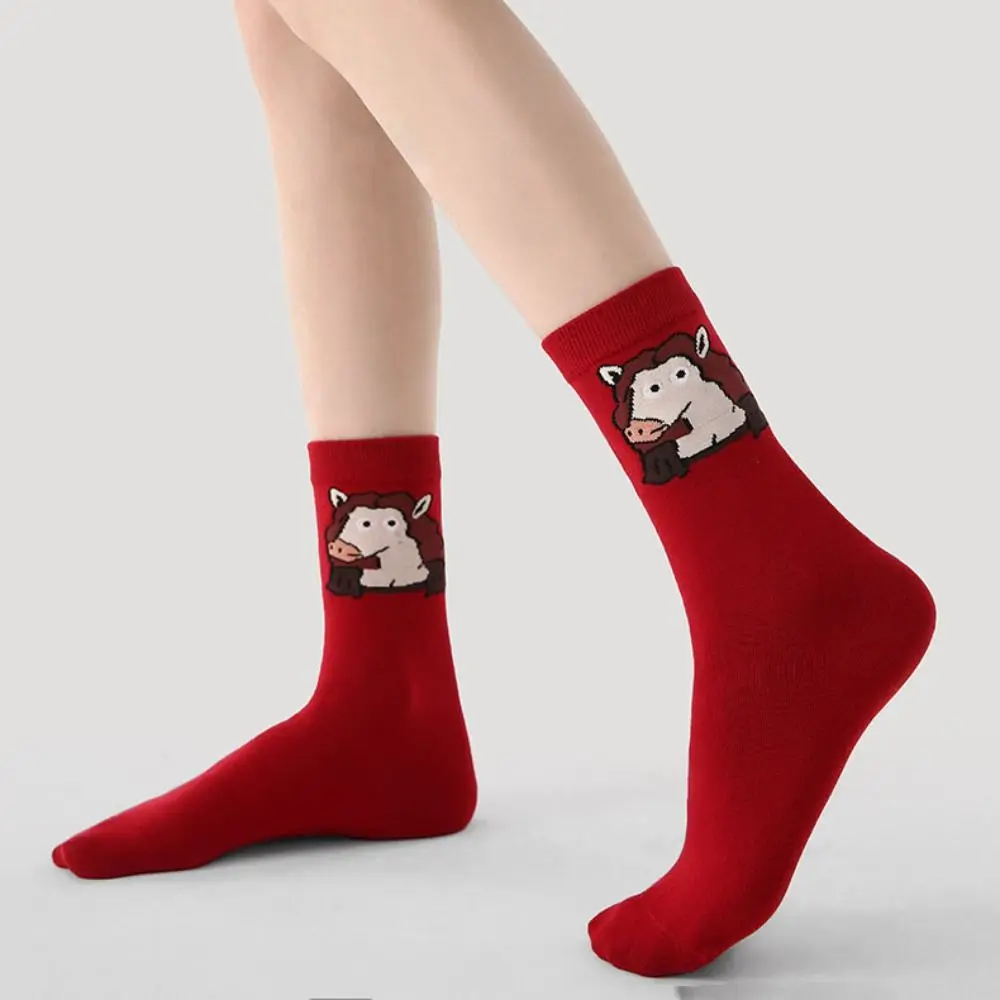 

3Pairs Winter Autumn New Year Tube Socks Cartoon Comfortable Year of The Horse Socks Mid Calf Good Luck Zodiac Year Socks Gift