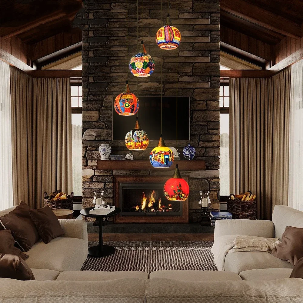 Artpad Hanging Turkish Mosaic Chandelier Vintage Long Stairwell Chandelier Living Room Handmade Stained Glass Pendant Lamp