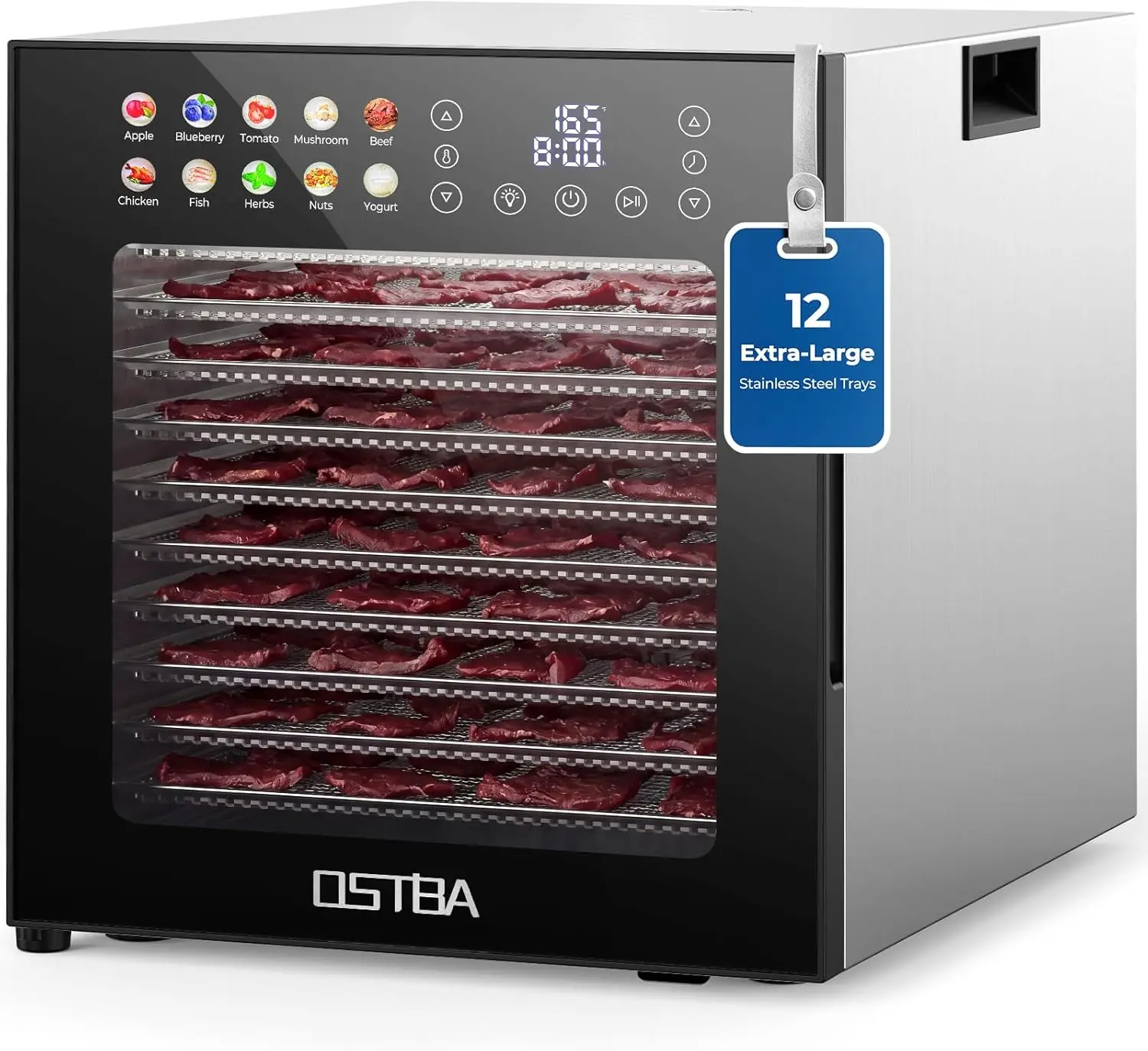 

Food Dehydrator, 12 Stainless Steel Trays, 95-165℉ Adjustable Temp, 48h Digital Timer, 850W Food Dryer, Front Control Panel