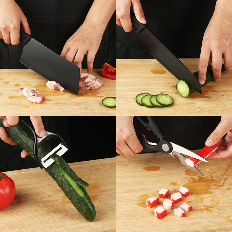 5-piece kitchen knife set, with non-stick coated blade, wood-like wooden handle, including chef's knife, thin slicing knife, sci