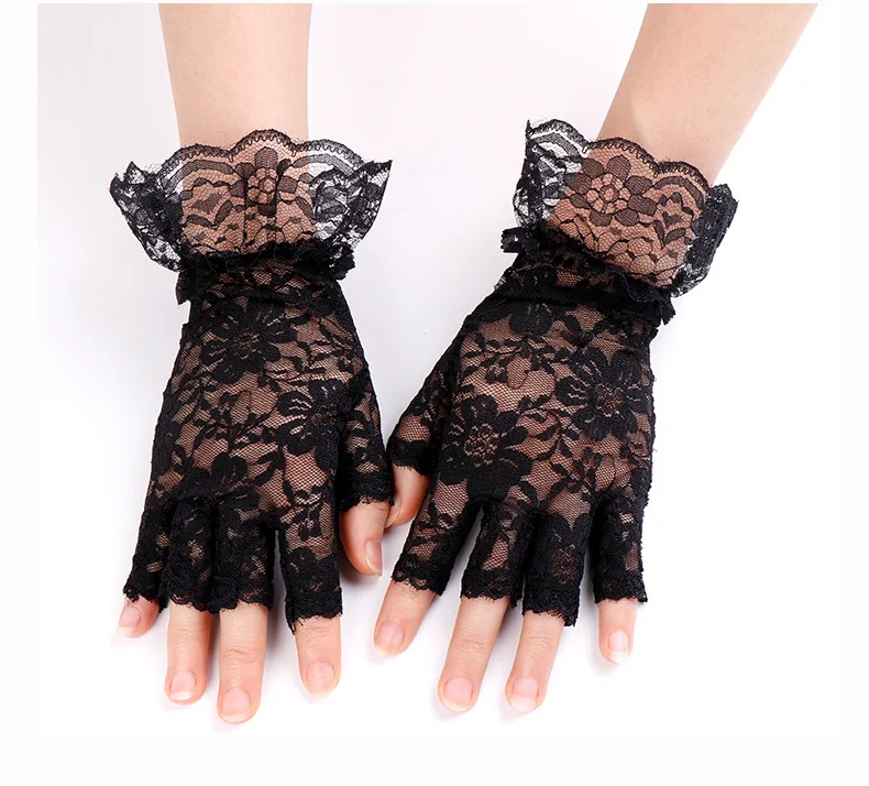 Lace Half Finger Gloves Women Sexy Black Stretchy Mesh Adult Size Lightweight Hollow Out Breathable Etiquette Performance Party
