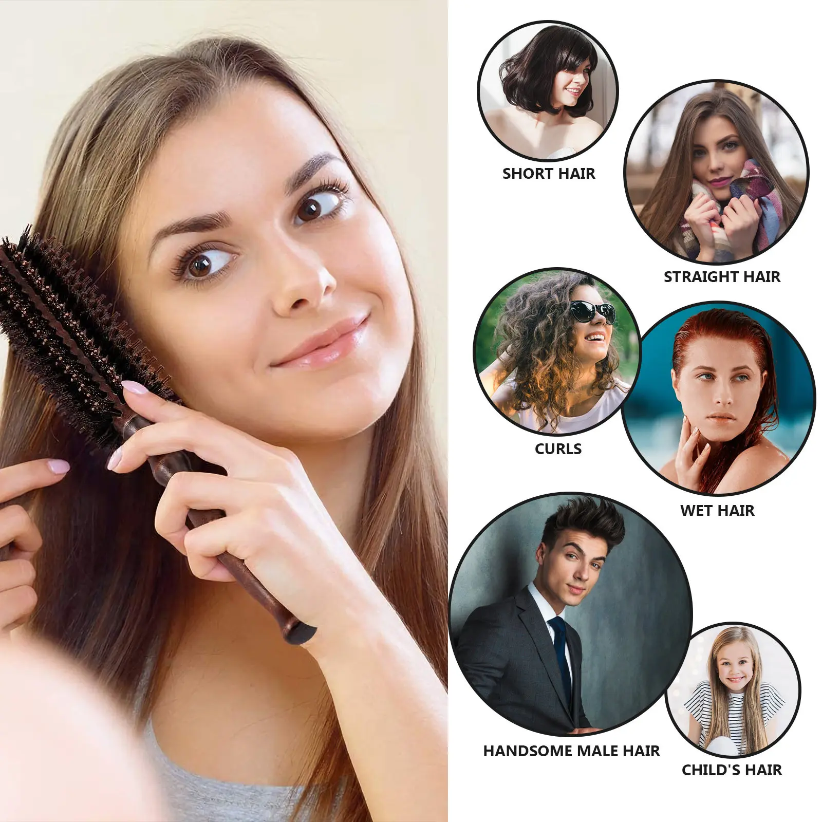 

2Pcs Professional Natural Boar Bristle Hair Brush Round Comb Wooden Handle for Shine Silky Hair Frizz Control Heat Resistant
